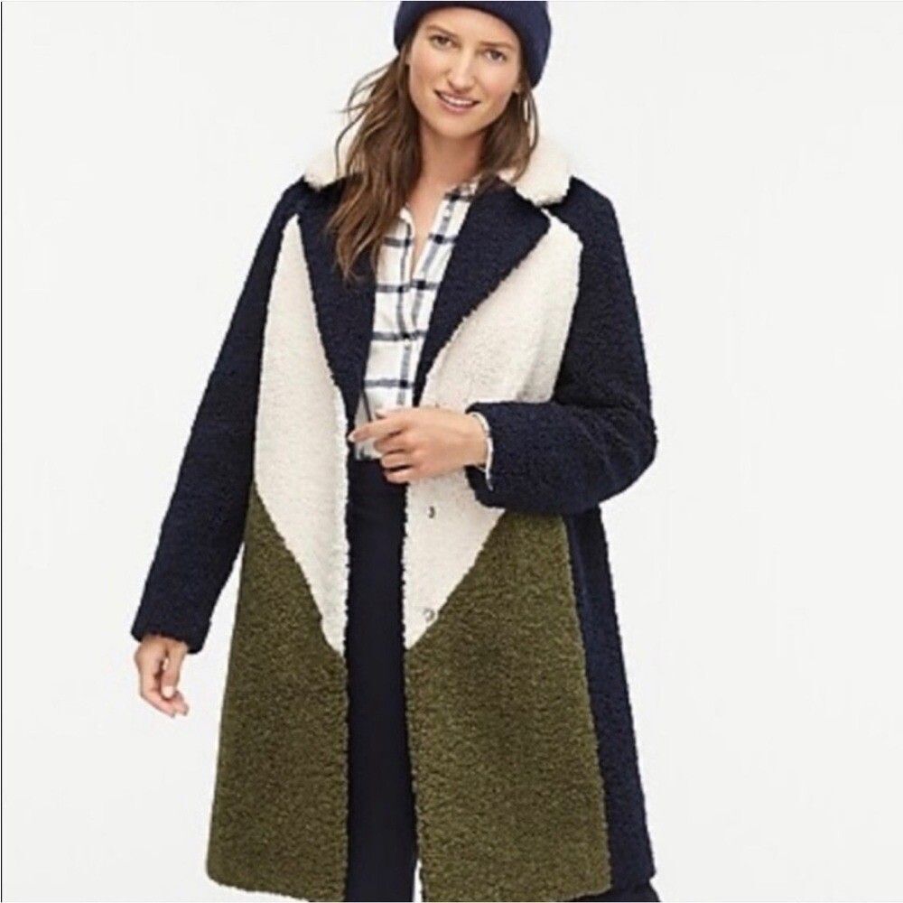 J.Crew Women’s Teddy Sherpa Colorblock Coat Green Ivory Navy Jacket Size XXS